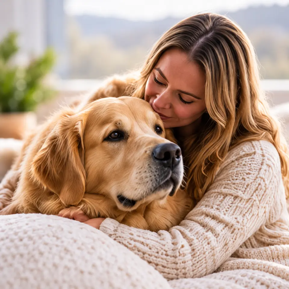 Vrou in ’n roomkleurige trui omhels ’n goue retriever